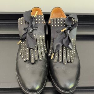 Black Studded Kiltie Loafers with Ribbon Ties